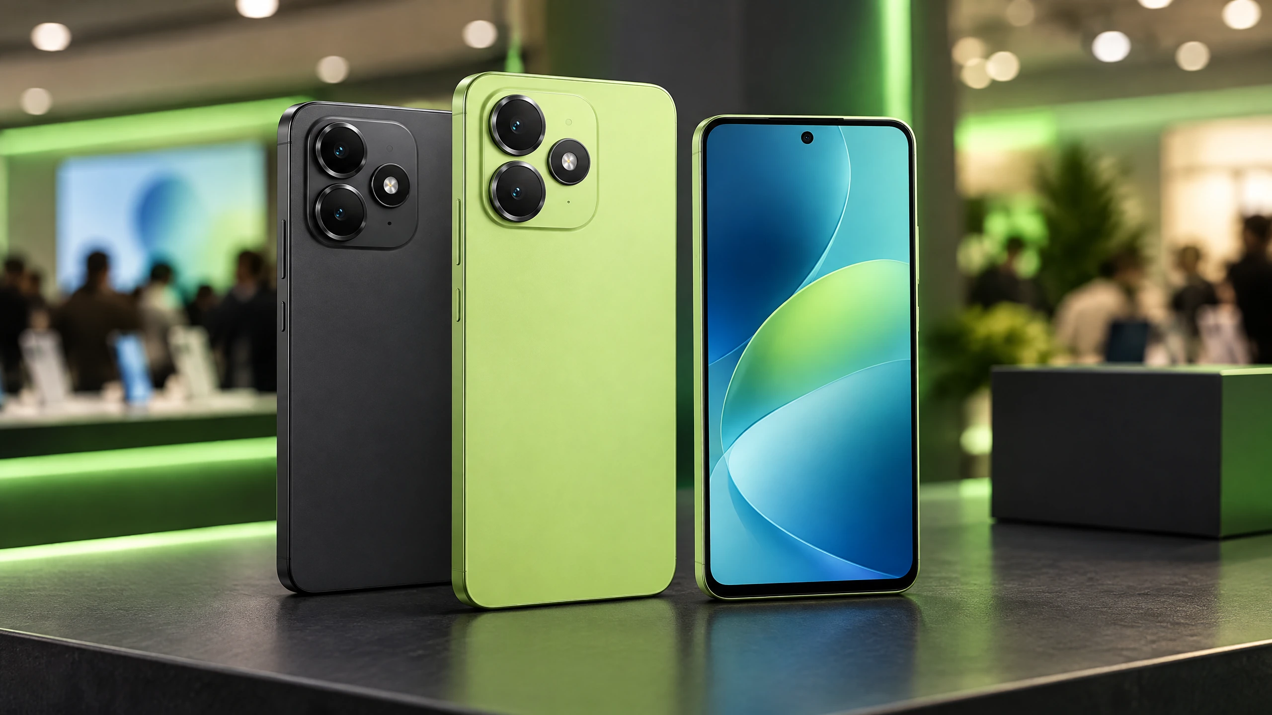 Original editorial photograph of charcoal and green smartphones representing the OnePlus N6 Lite India launch