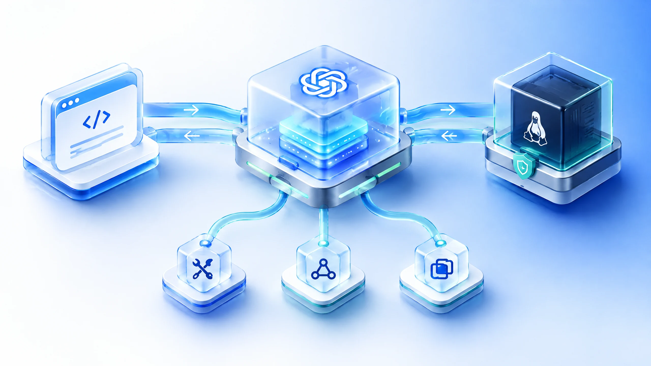 Original editorial illustration of the OpenAI Agents API linking an application, managed agent core, Linux sandbox and tool nodes