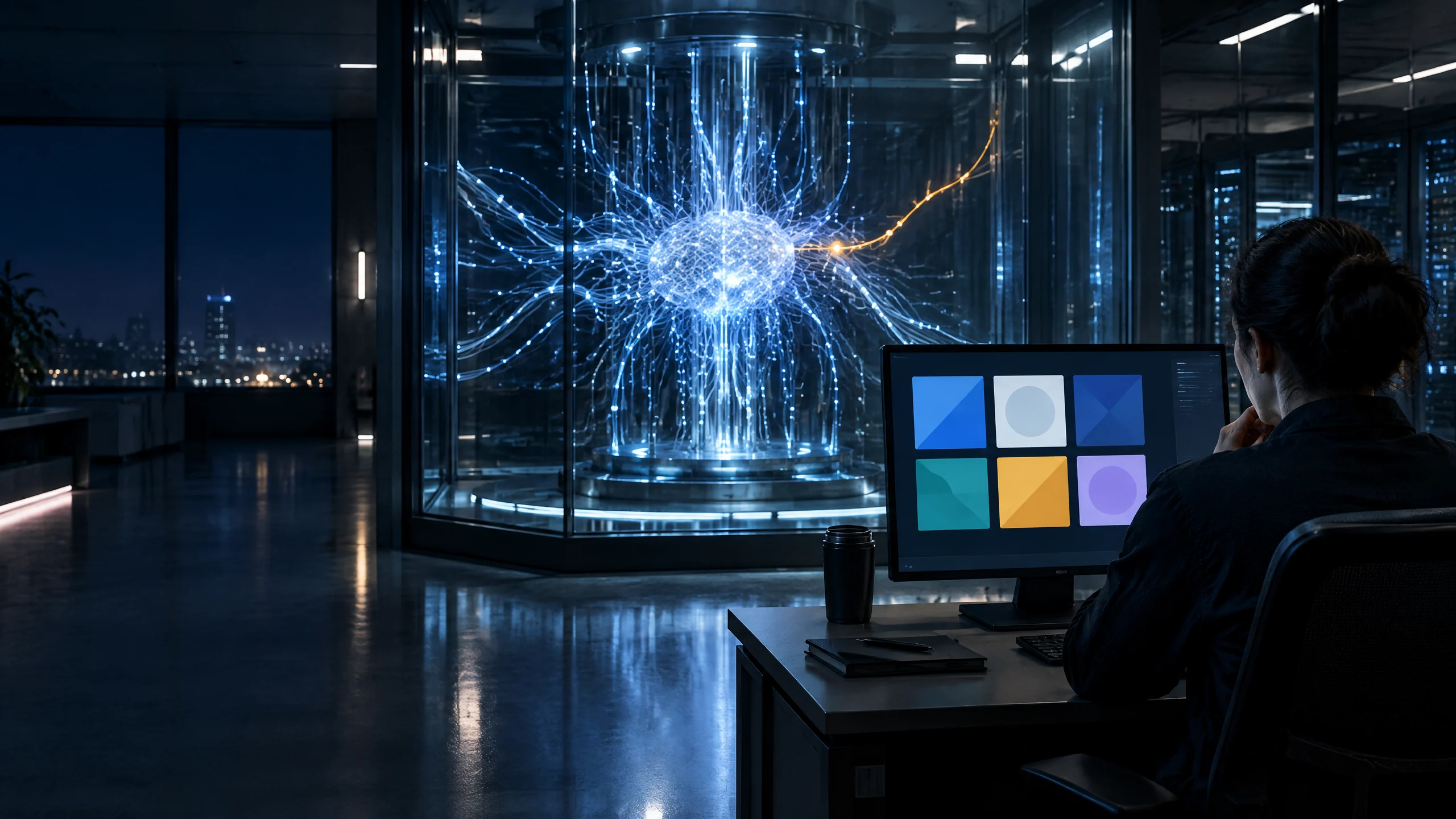 Original editorial illustration of an AI safety researcher reviewing six abstract incident cards in a secure evaluation lab