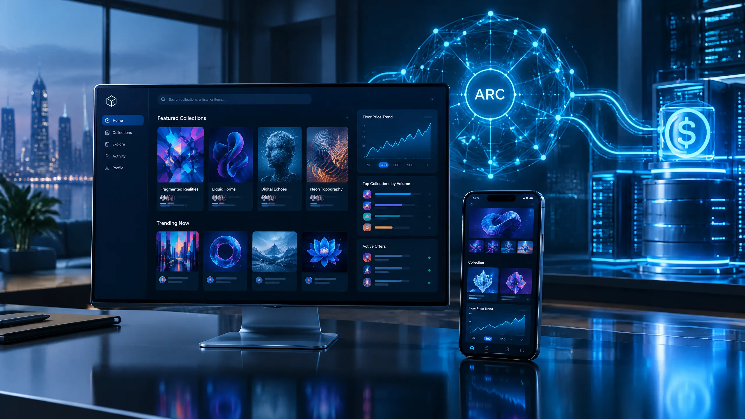 Realistic editorial visualization of an NFT marketplace interface connected to Circle Arc blockchain infrastructure