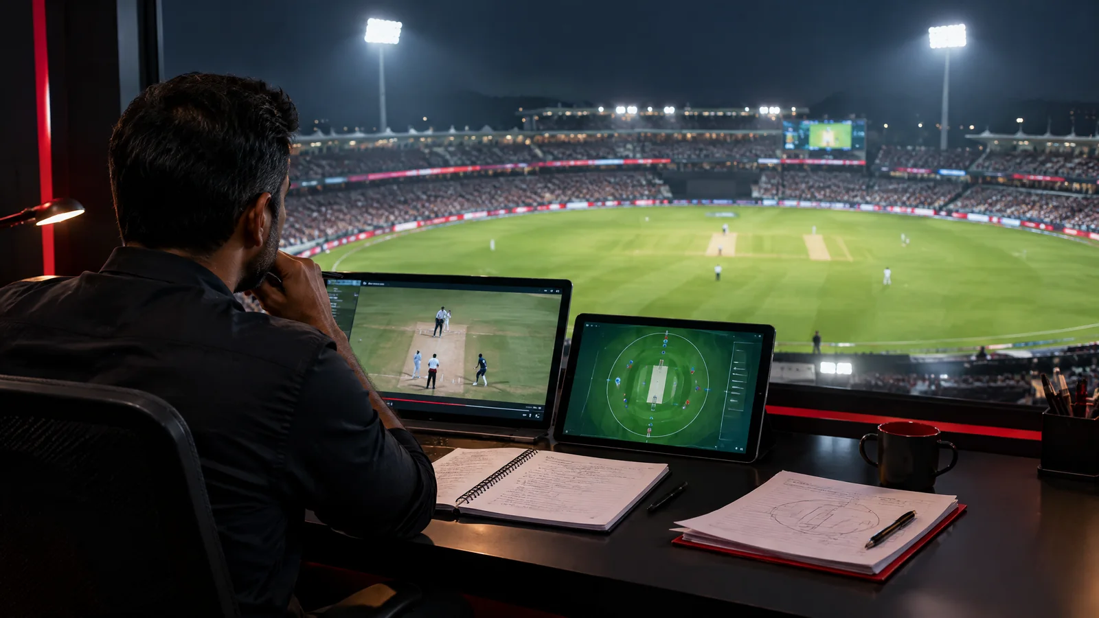 A cricket analyst reviewing match footage and field settings above a floodlit stadium