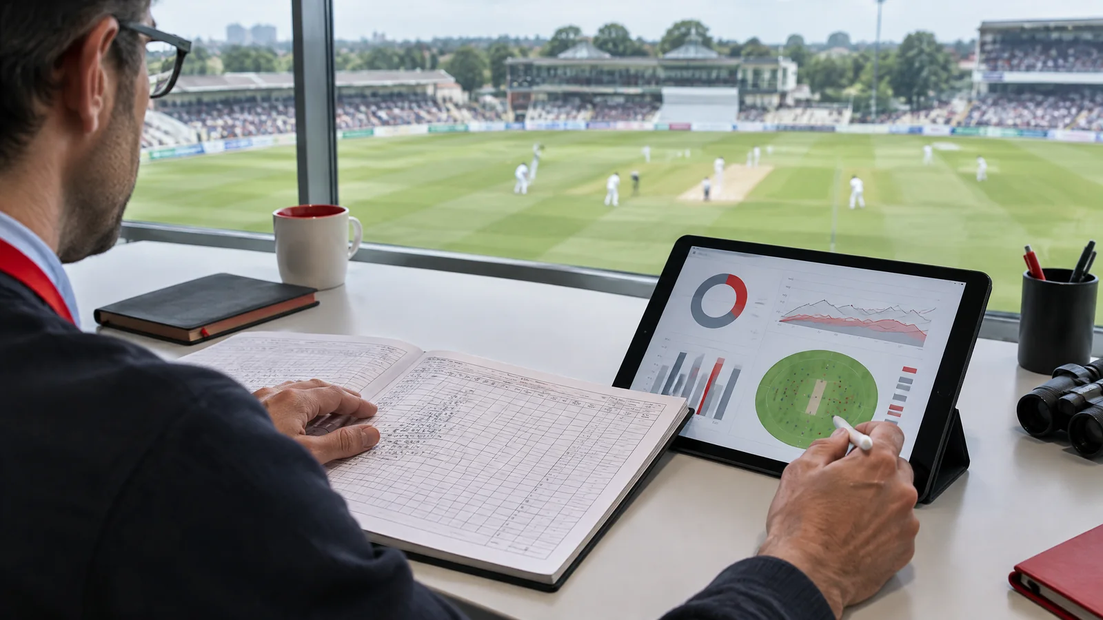 A cricket data editor comparing a paper scorebook with match charts in a stadium press box