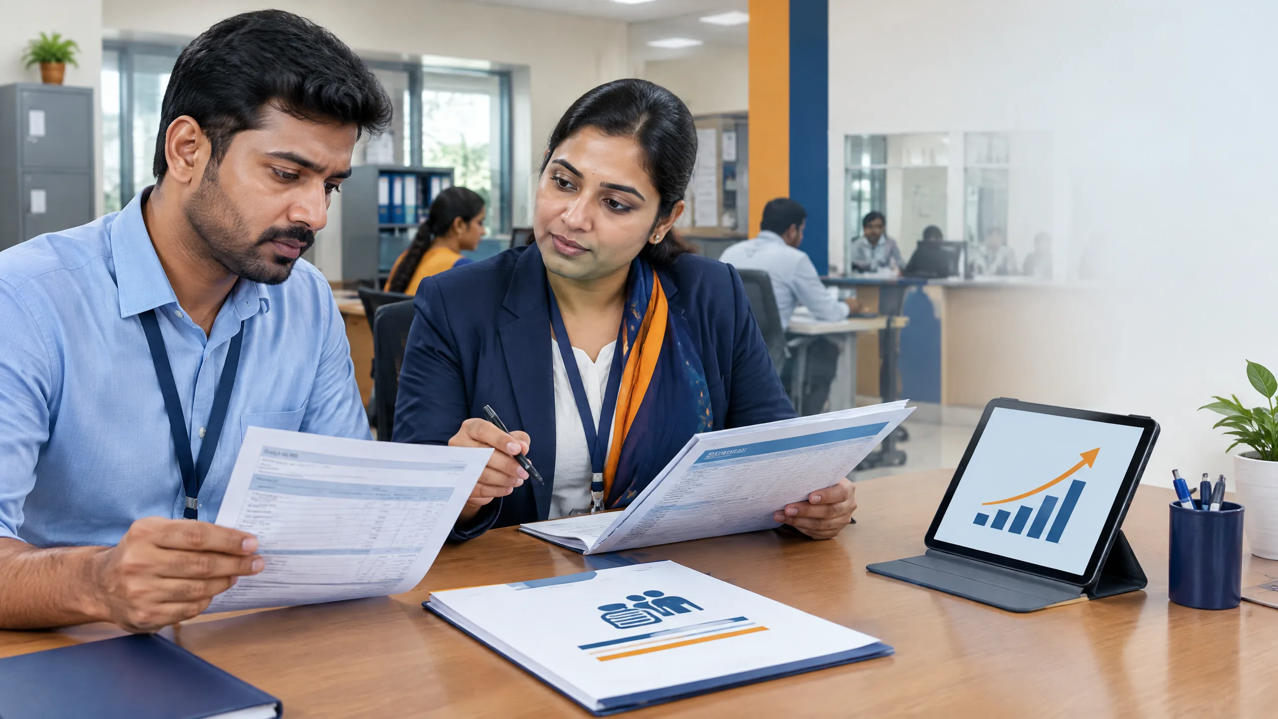 Original editorial illustration of an Indian office worker reviewing a payslip beside a provident-fund form and a government policy briefing