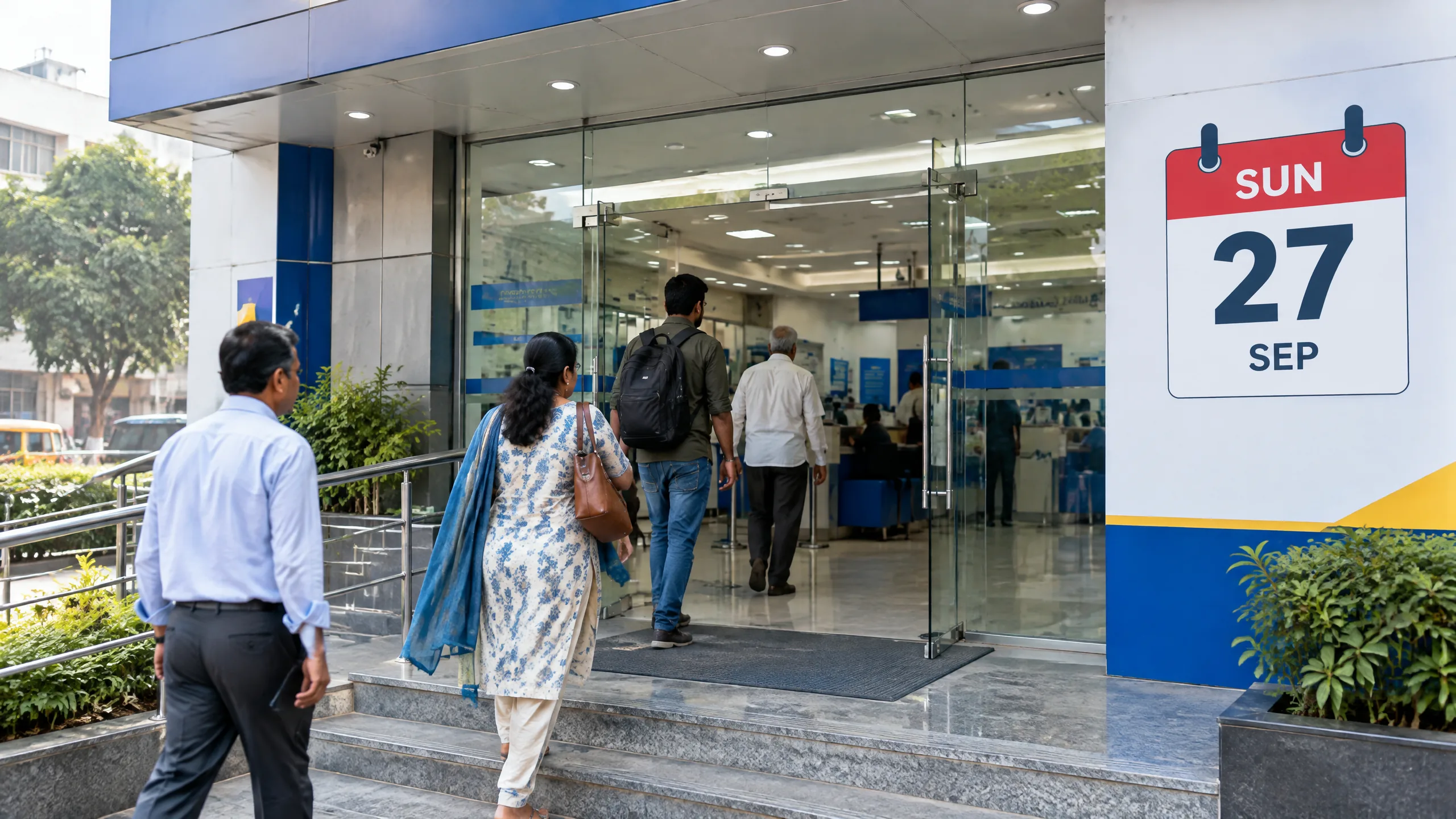 Original editorial illustration of an Indian bank customer checking a Sunday branch-opening notice beside a calendar marked 27 September