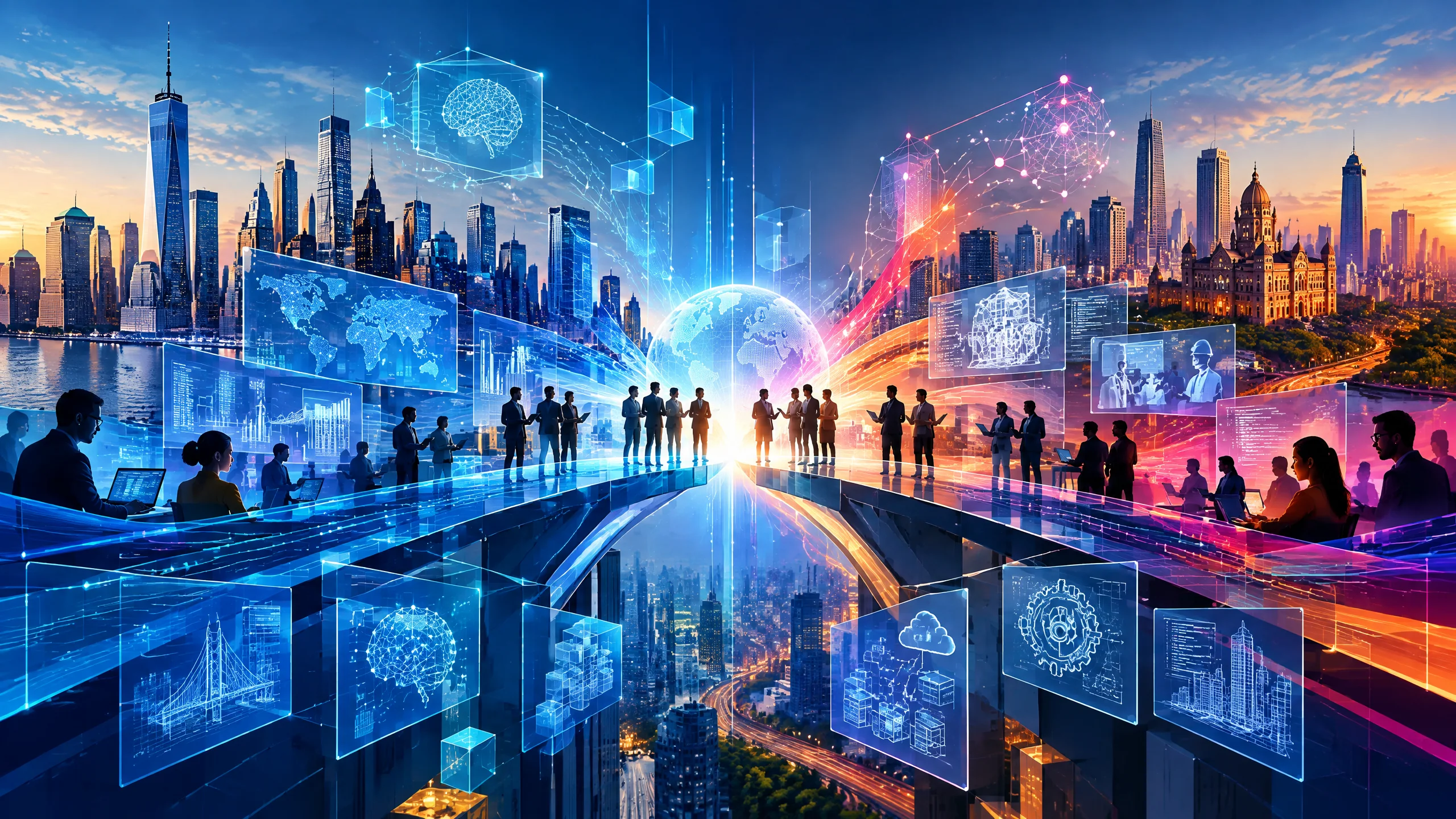 Original editorial illustration of US and Indian city skylines connected through a global consulting and technology platform