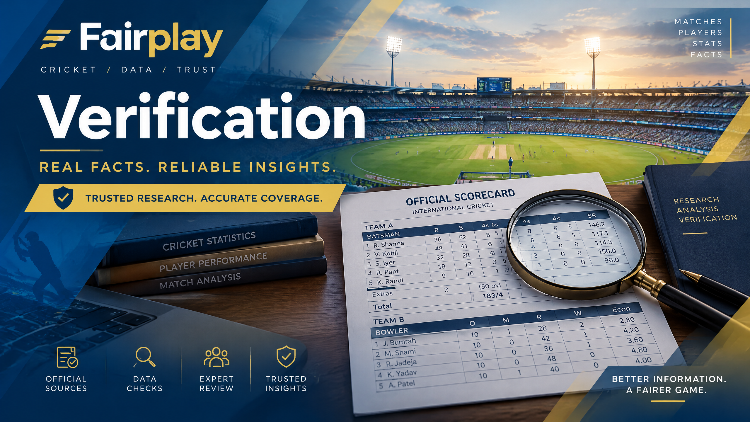Fairplay Verification: Verification: Source Checks, Claim Status and Update History branded cricket editorial banner