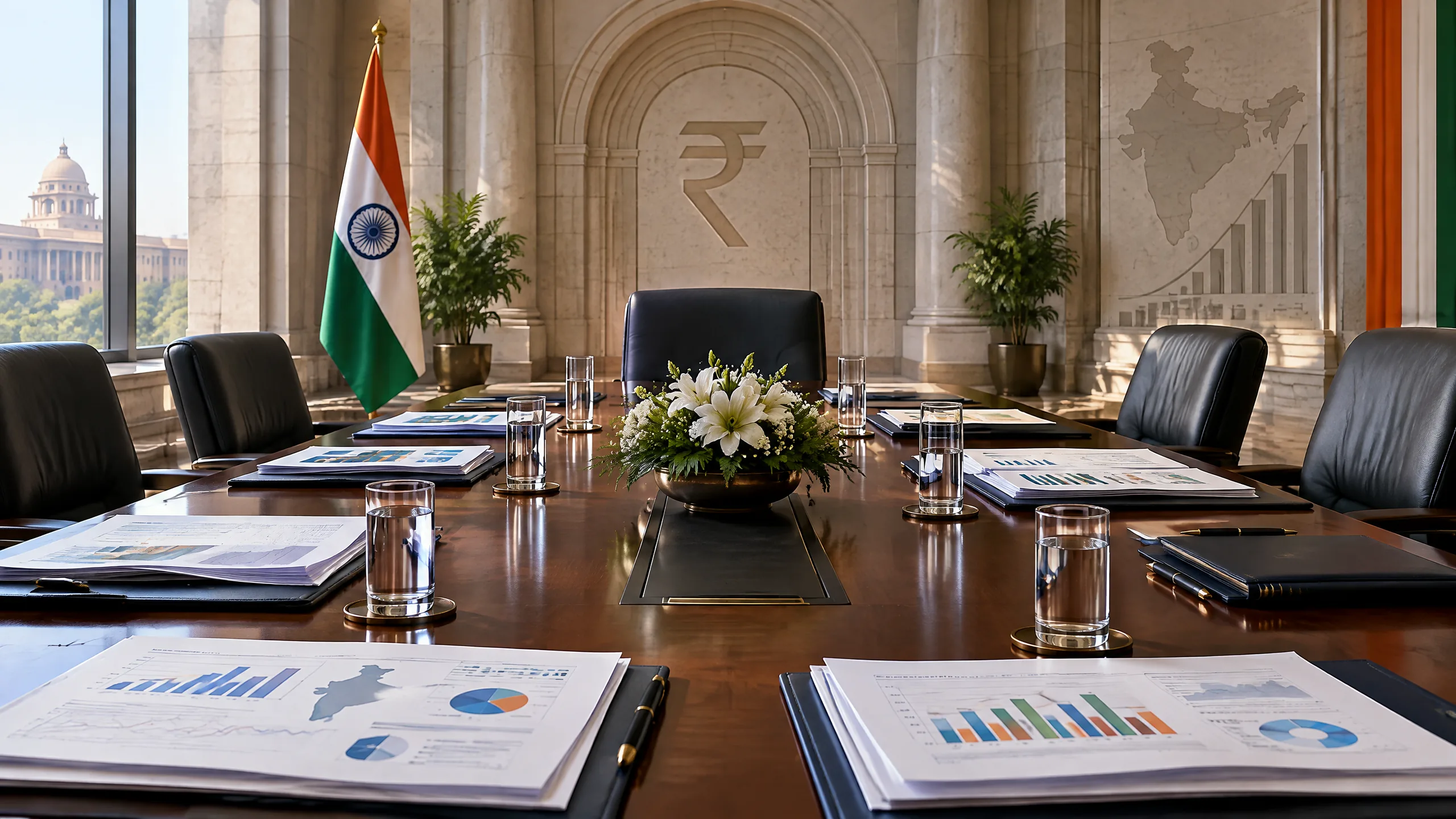Original editorial illustration of an Indian monetary-policy meeting room with policy documents, economic charts and a rupee motif