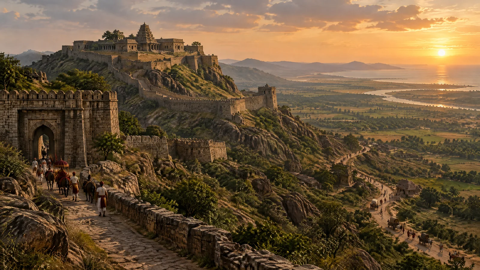 Illustrated hill fort with stone walls, a temple and travellers at sunset above a coastal plain