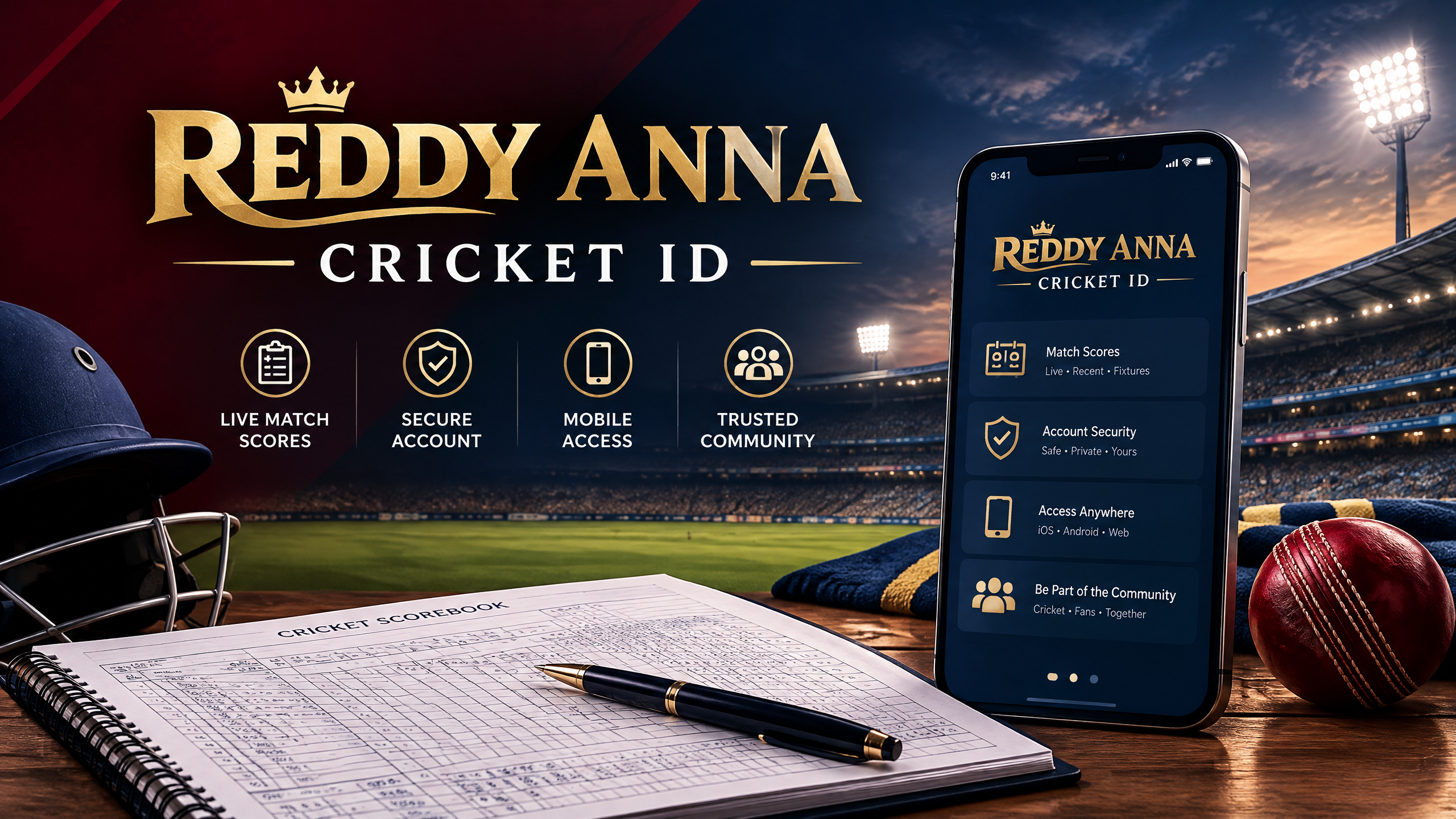 Reddy Anna Cricket ID research and verification guide with a cricket scorebook and secure account checklist