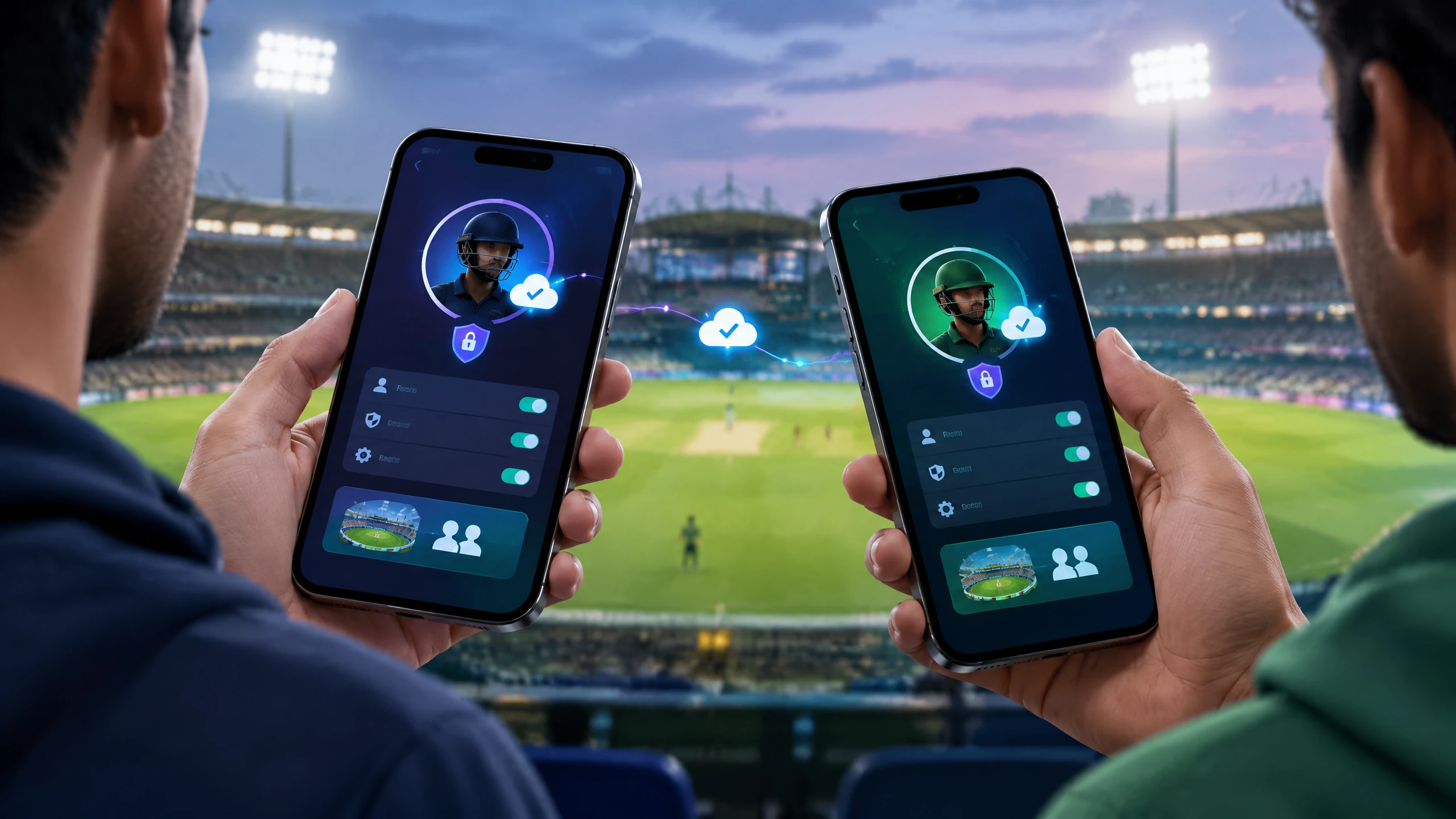Original editorial image of two mobile cricket game profiles with cloud-save, privacy and friend-match controls