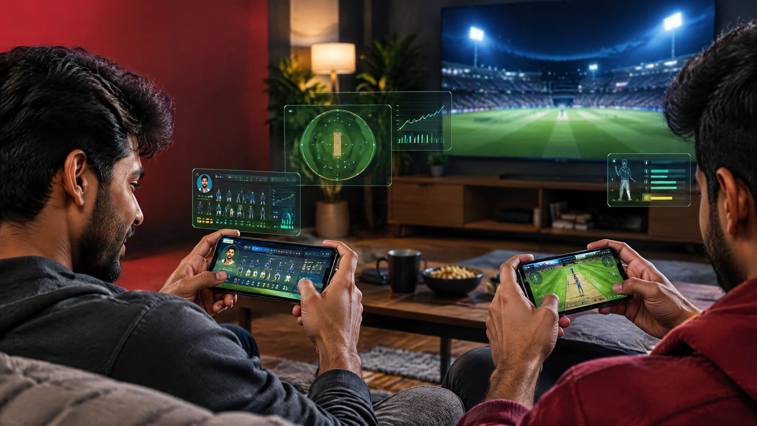 Original editorial image of two cricket fans playing a mobile cricket simulation with team, points and tactical dashboards