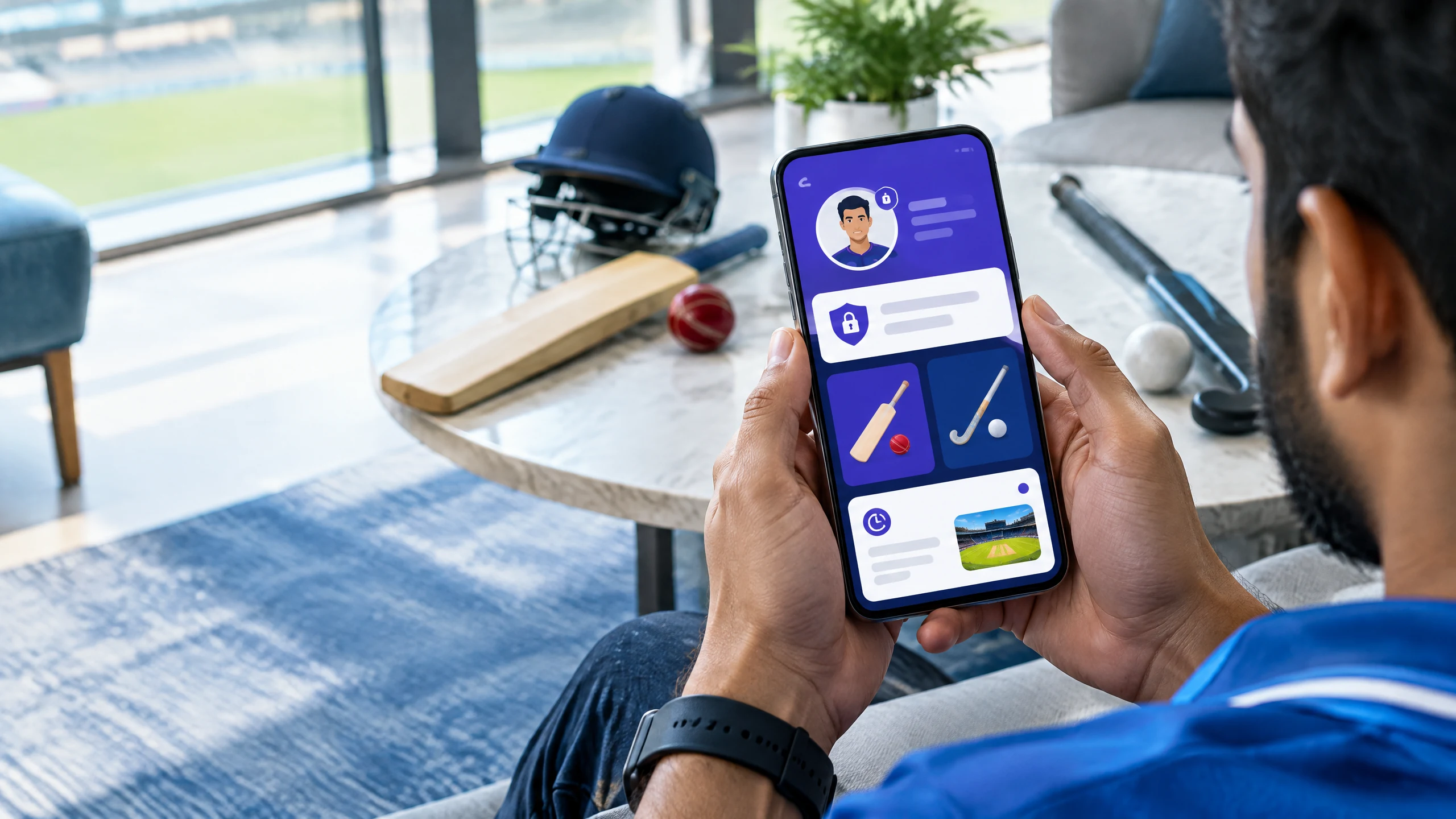Original editorial image of a cricket fan creating a secure mobile sports game ID with cricket and hockey mode tiles