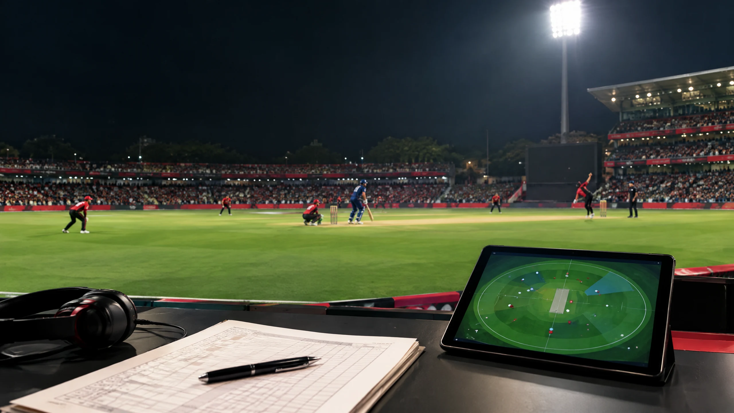 Original editorial illustration of a tablet showing a cricket field map, score sheet and headphones overlooking a night cricket match