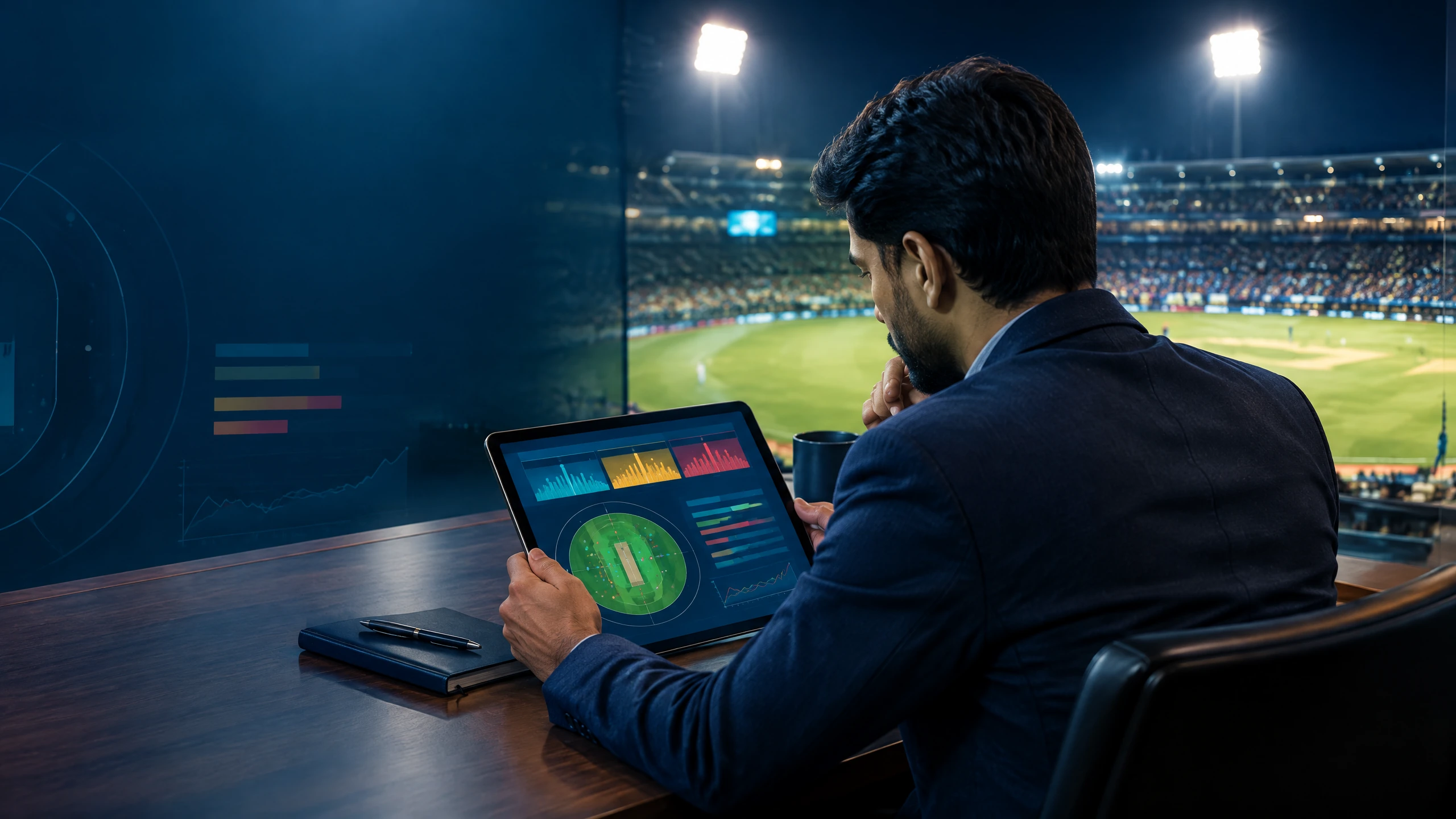 Original editorial image of a cricket analyst reviewing an IPL-style scorecard, phase chart and field map beside a night stadium