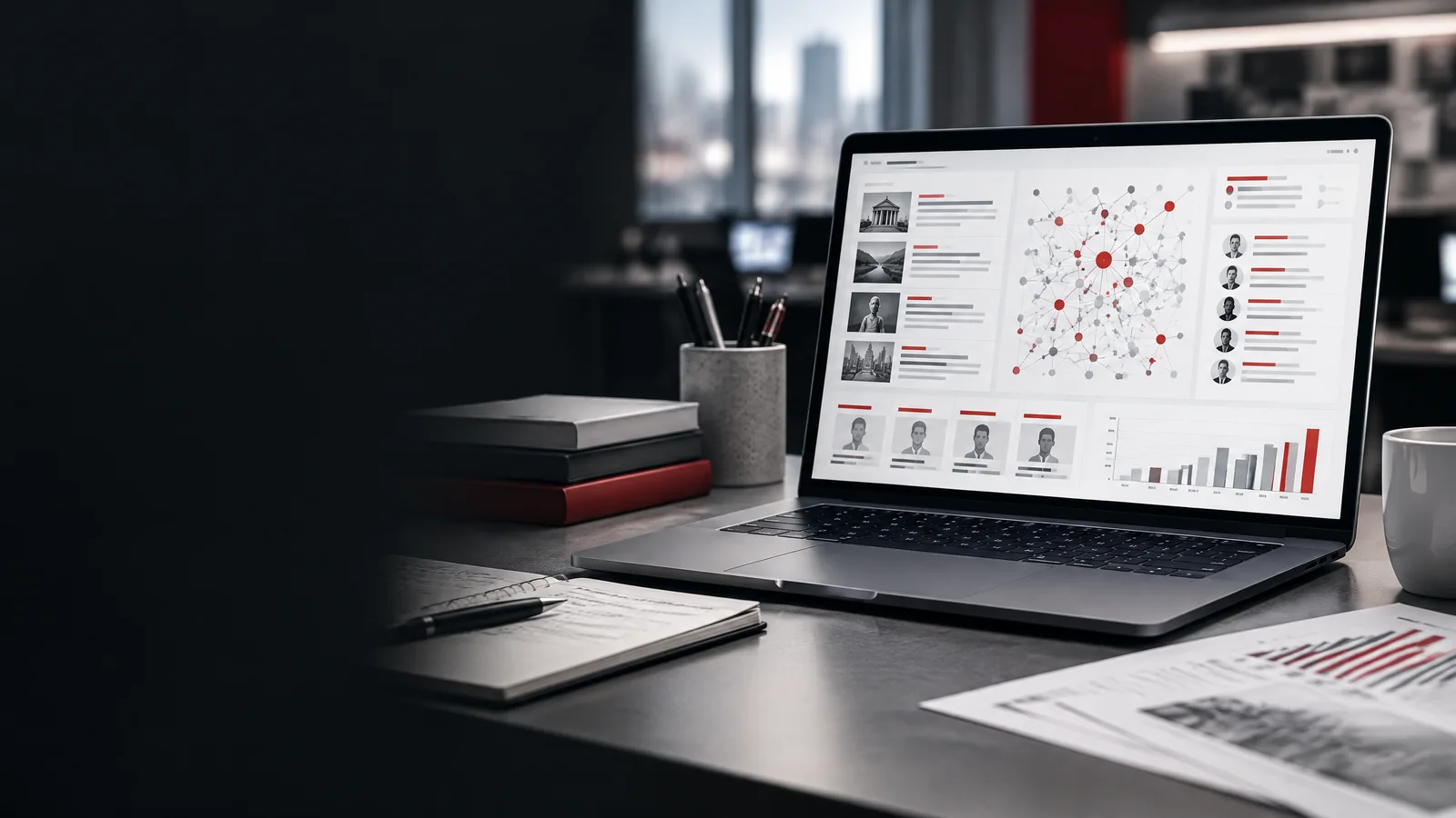 Laptop displaying a data dashboard with connected nodes and charts on a desk
