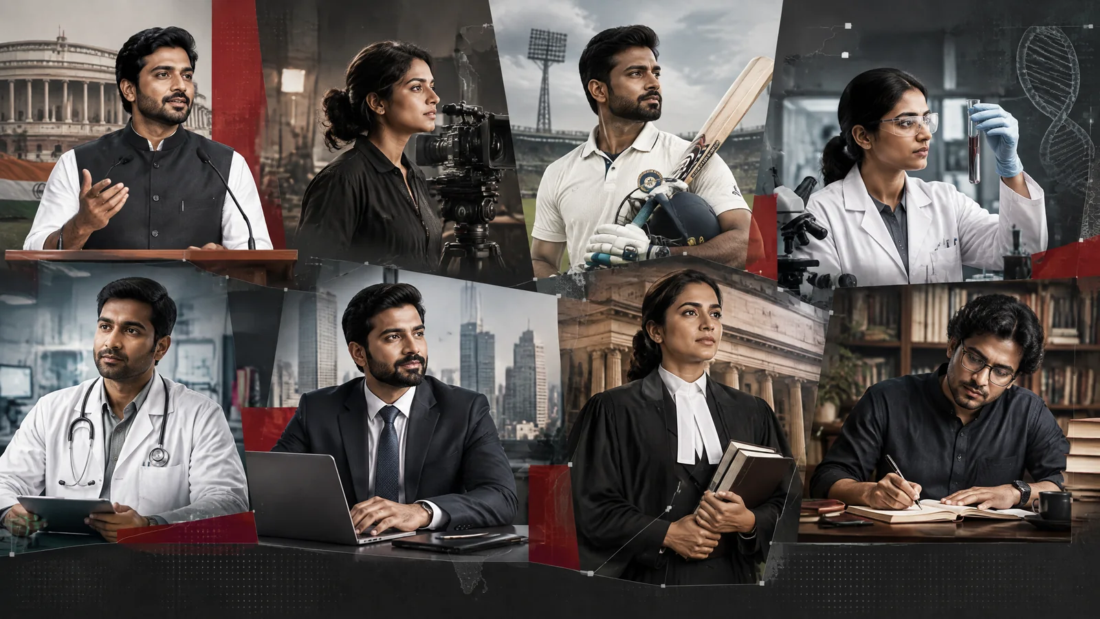 Illustration of people working across public life, cinema, cricket, science and business