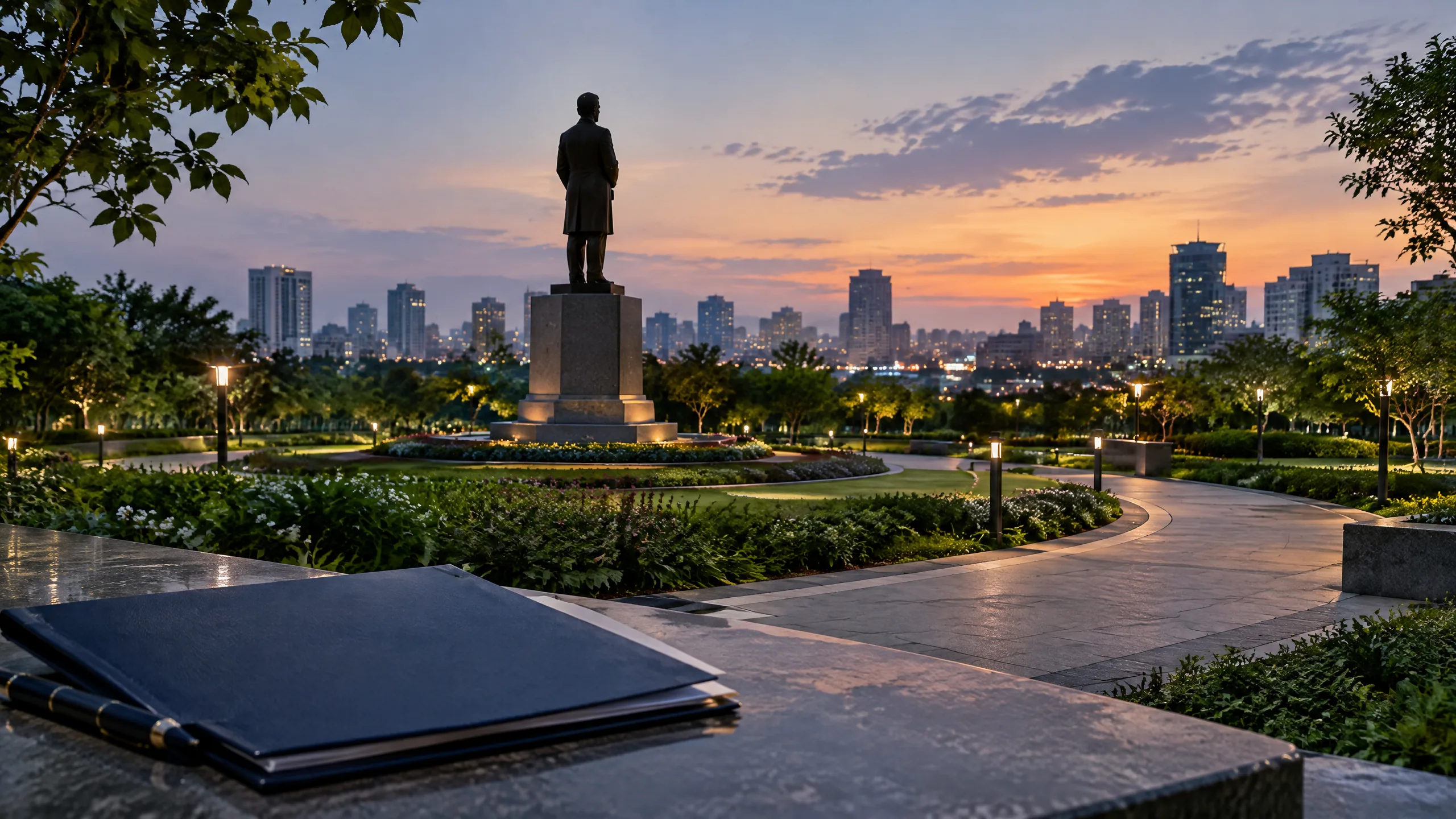 Original editorial illustration of a landscaped Hyderabad memorial park with a generic statesman statue at dusk