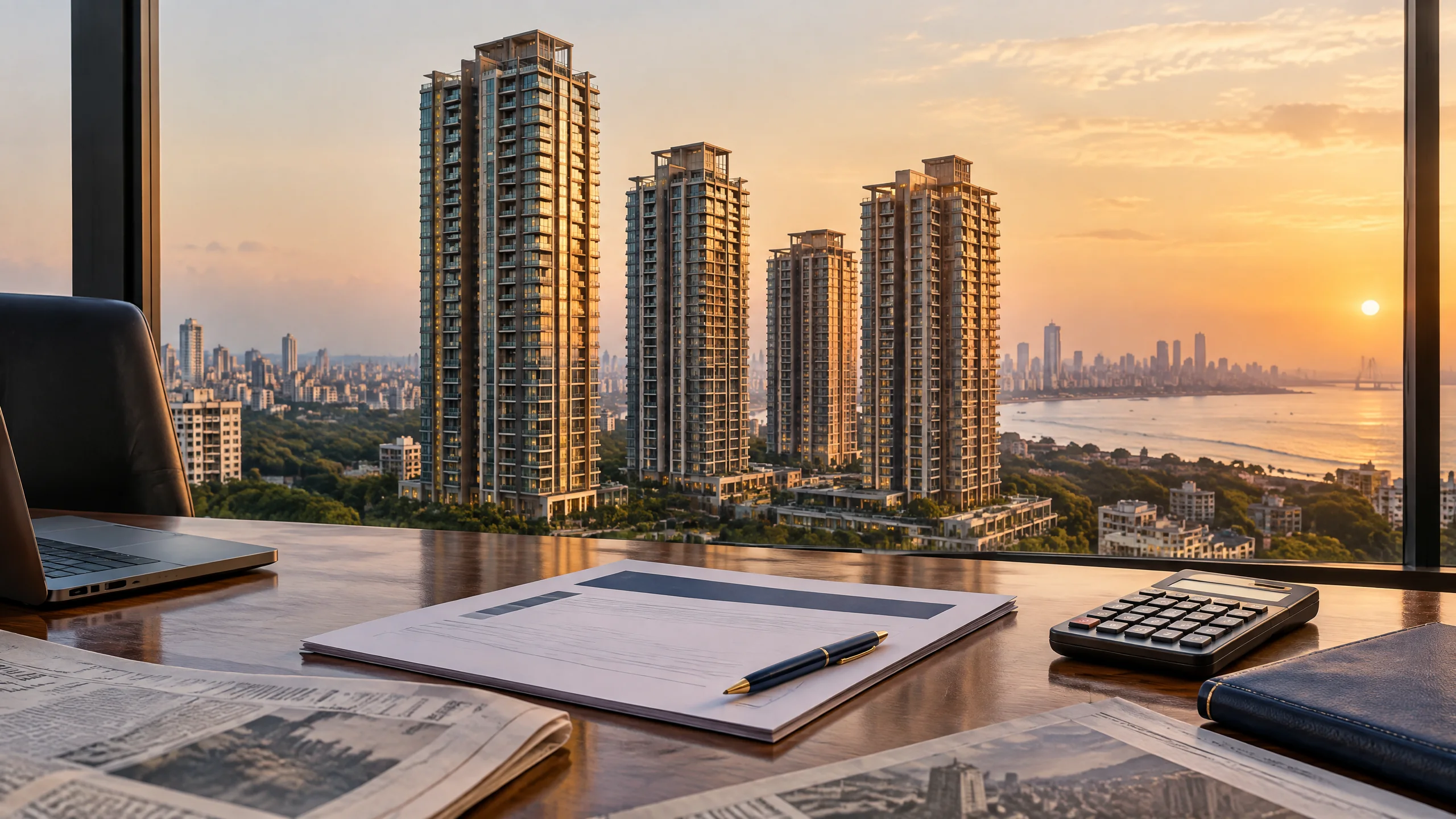 Original editorial photograph of Mumbai residential towers and a neutral IPO information desk