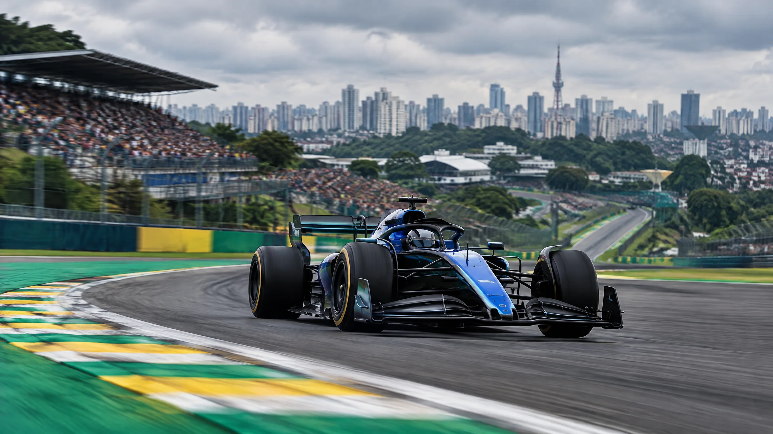 Original editorial illustration of an open-wheel race car on an Interlagos-inspired circuit in São Paulo