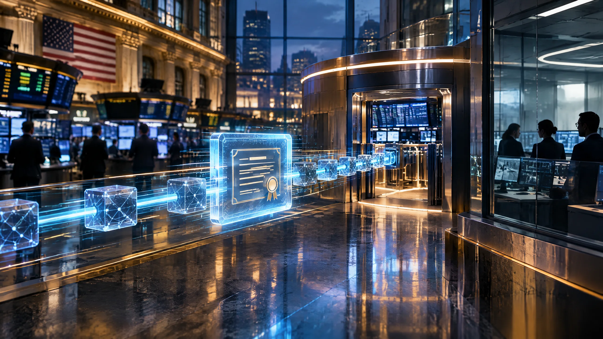 Original editorial illustration of a U.S. stock-exchange trading floor with a digital document and connected blockchain-style blocks