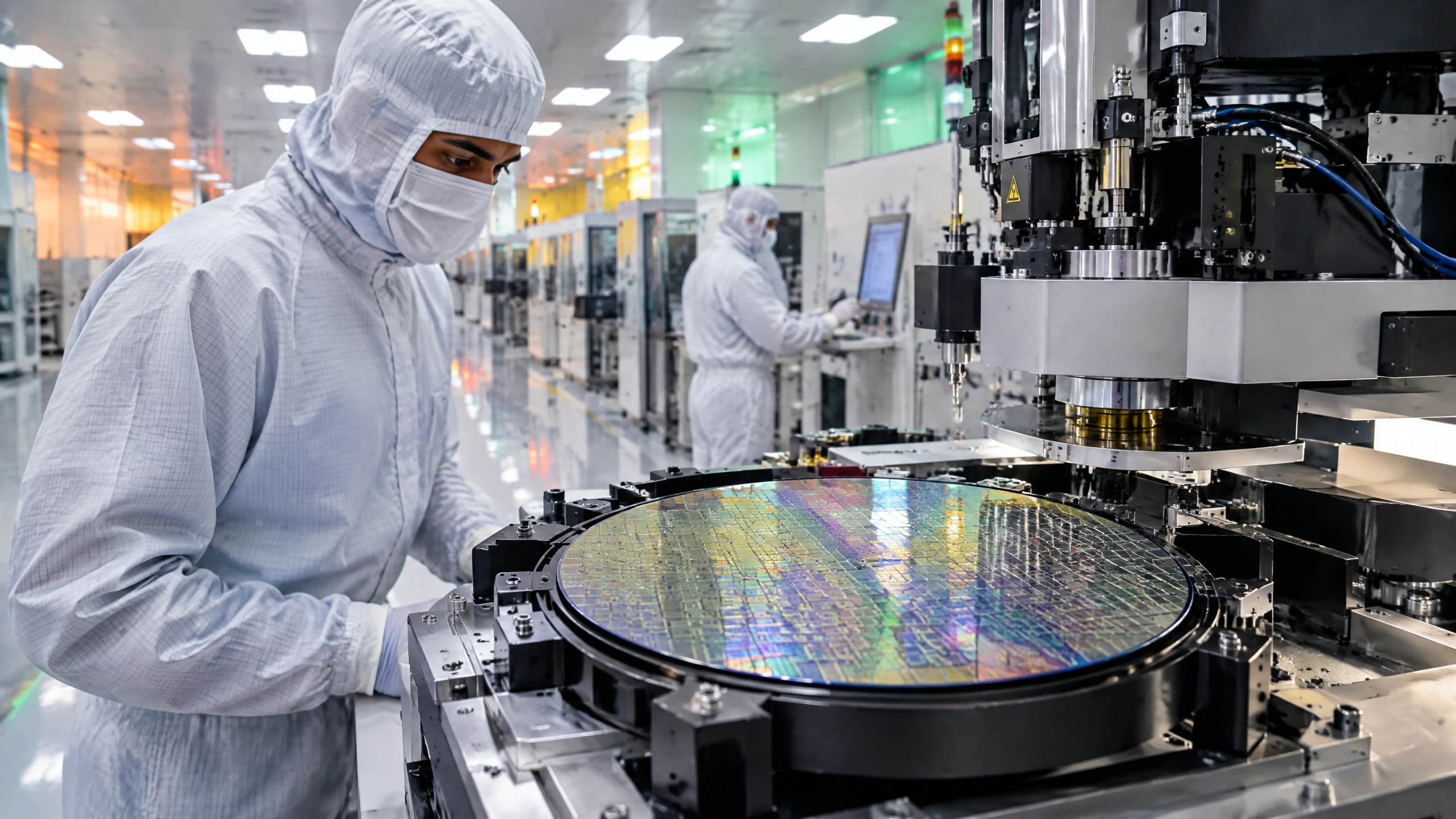 Editorial illustration of semiconductor packaging and testing equipment inside a modern Indian chip manufacturing facility