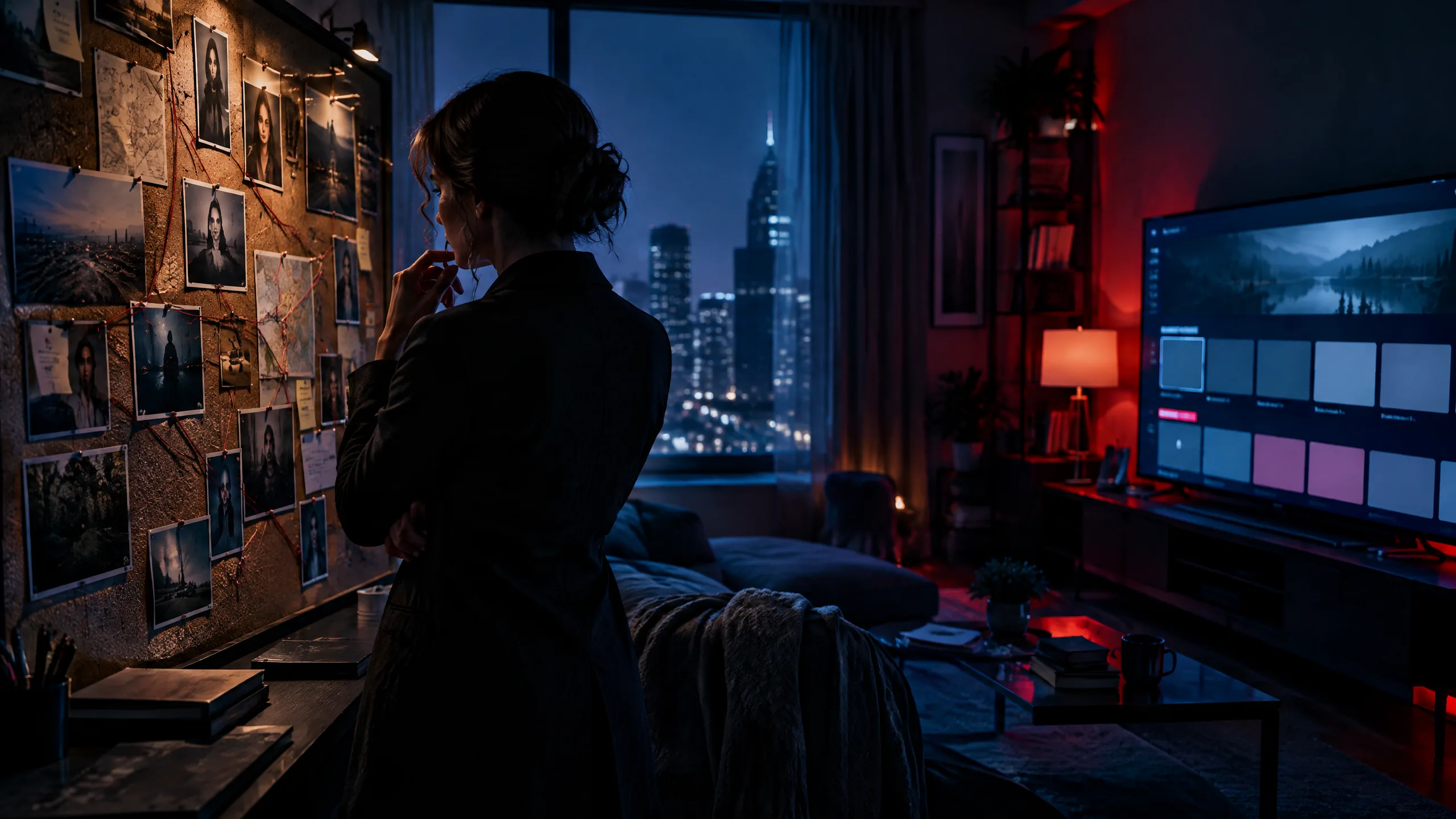 Original editorial illustration of a streaming app screen beside a suspenseful investigation board, with a woman viewed in silhouette and no readable text