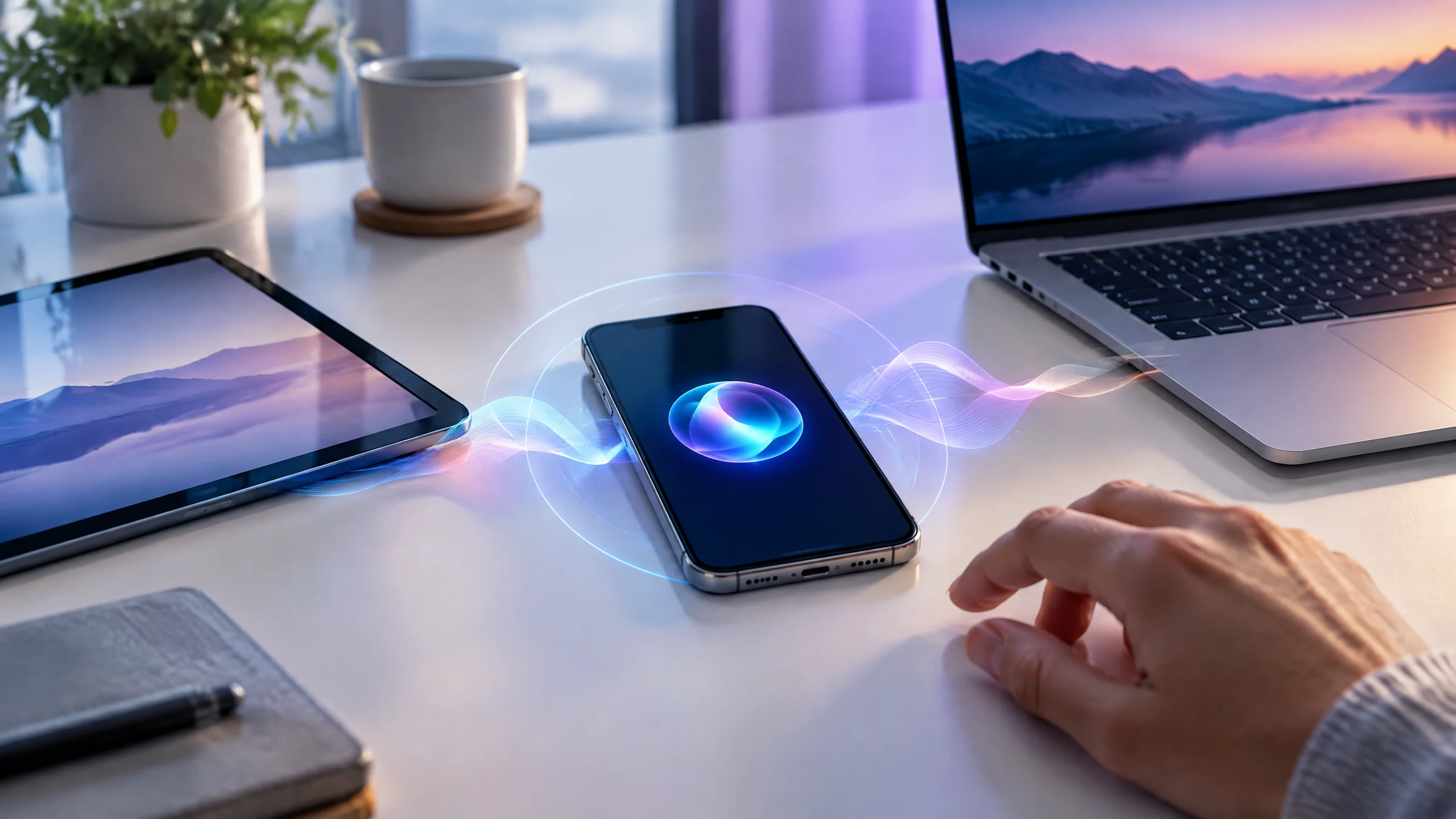 Original editorial illustration of a smartphone beside a voice waveform, language globe and waitlist symbol for the Siri AI beta