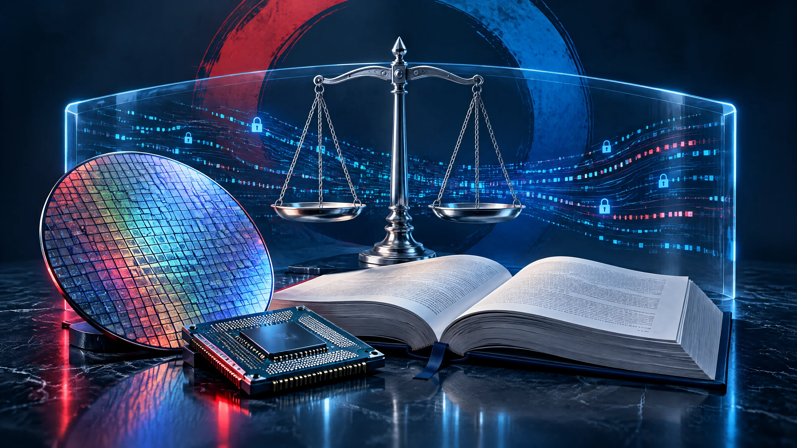 Original editorial illustration of a semiconductor wafer, chip, law book and scales representing South Korea’s technology-security law
