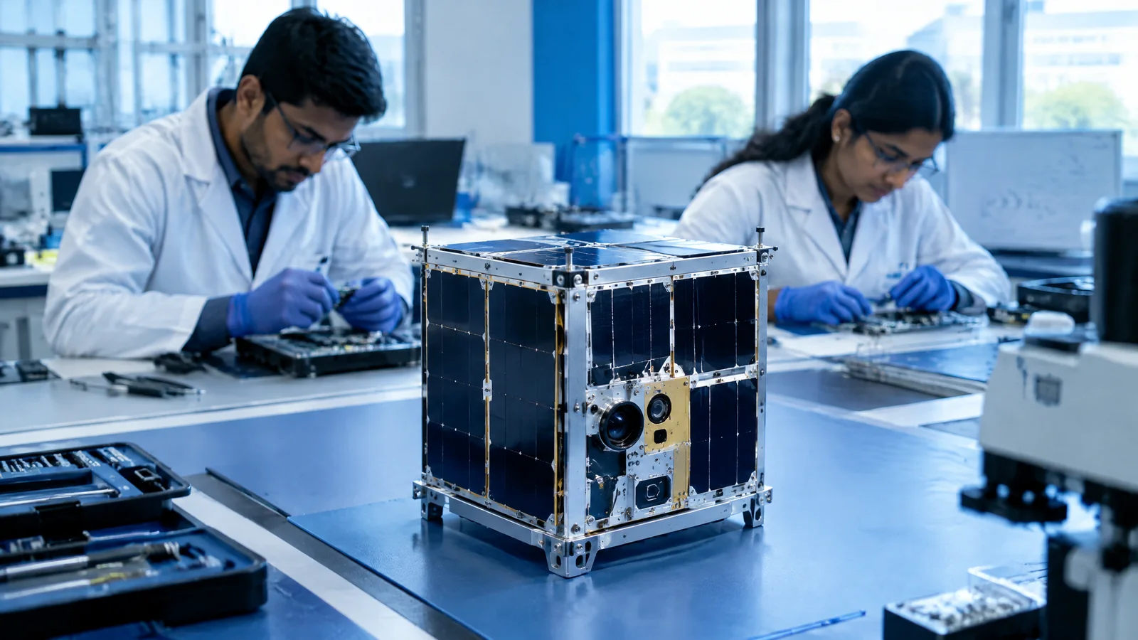 Engineers working on a compact research satellite