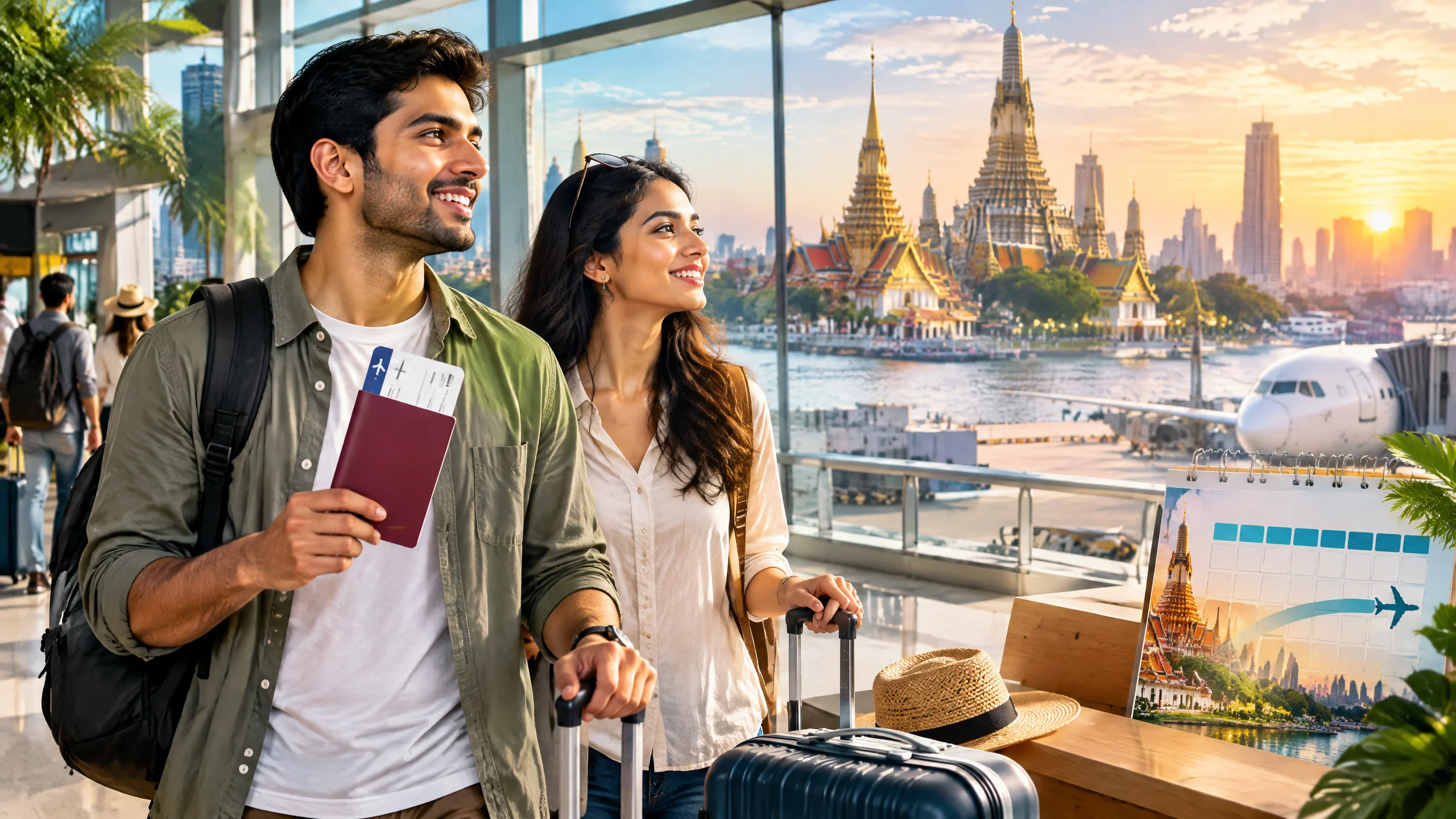 Illustration of Indian travellers with luggage and passports at a Thailand airport