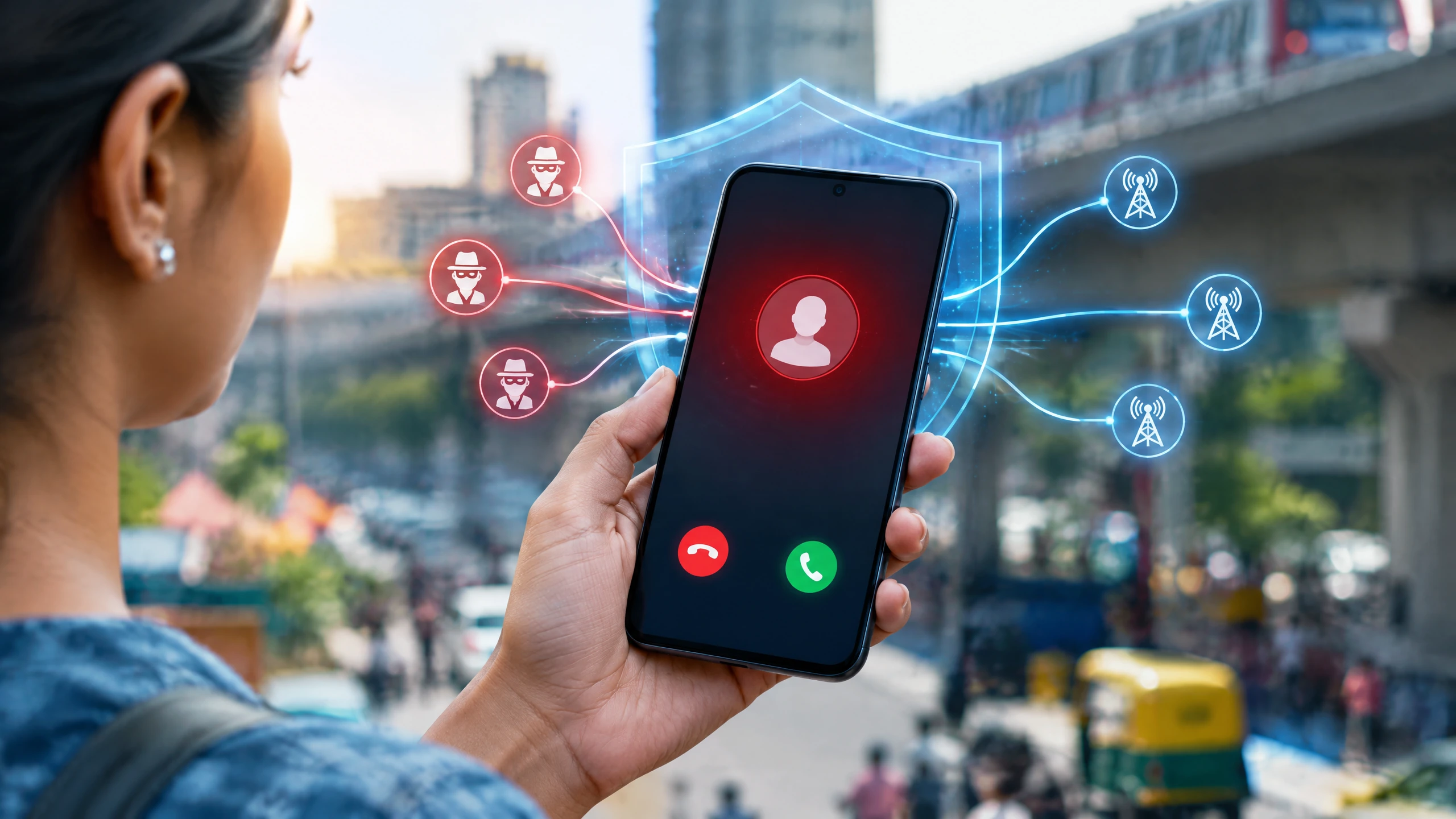 Editorial illustration of an Indian mobile phone screening spam calls through a telecom security network