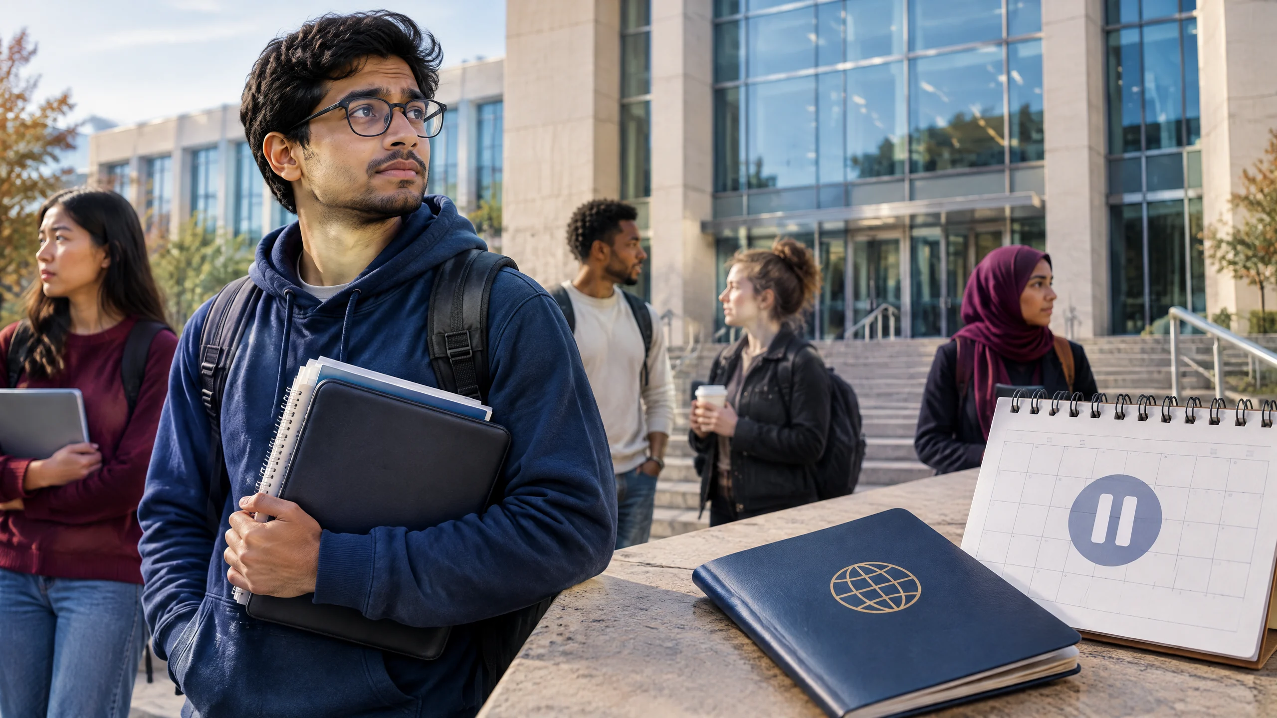 Original editorial illustration of international students outside a US institutional building with a paused calendar and travel document