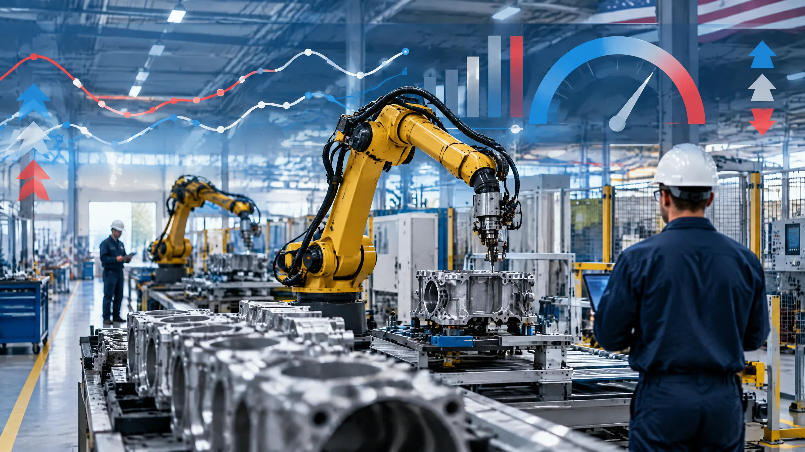 Original editorial illustration of a modern U.S. factory with robotic equipment and abstract manufacturing indicators