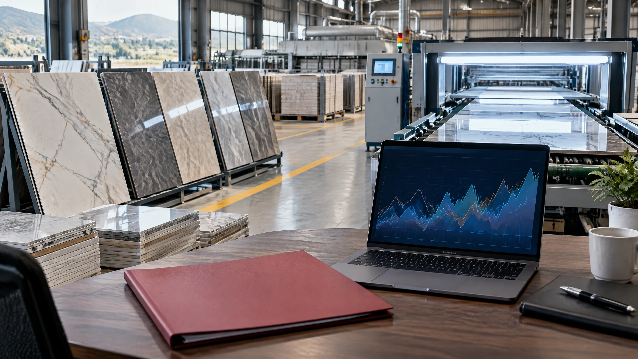 Original editorial photograph of an Indian ceramic tile factory and a neutral IPO prospectus desk