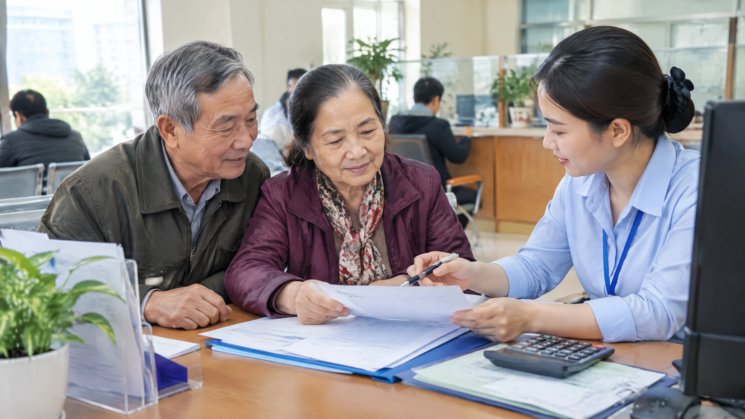 Vietnamese couple reviewing retirement and social-insurance documents at a public-service desk