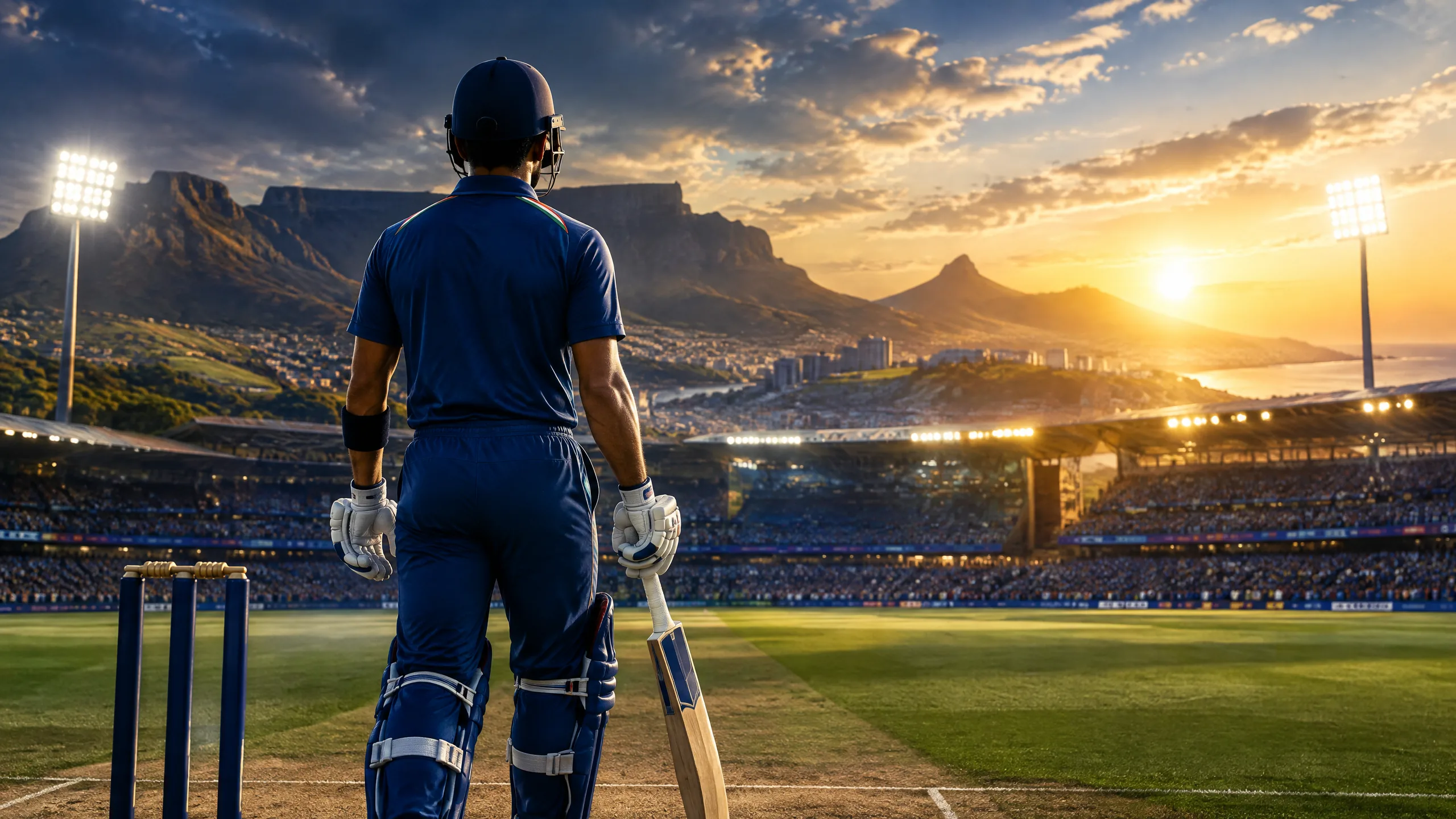 Original editorial illustration of an India cricket batter facing a World Cup stadium in South Africa at sunset
