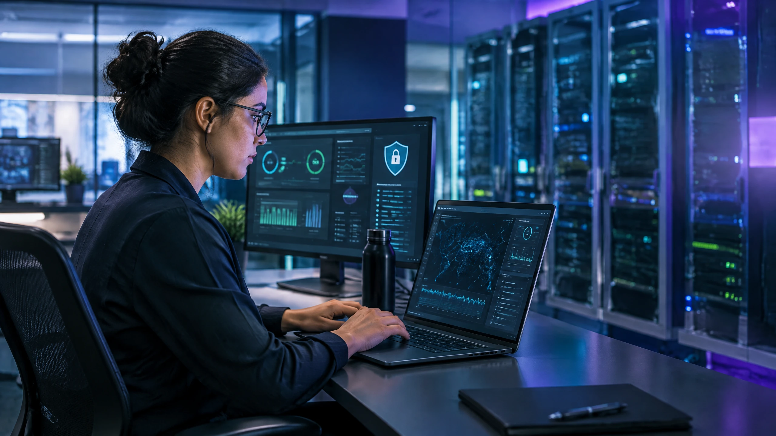 Editorial illustration of a cybersecurity learner reviewing a contained virtual lab environment on a laptop