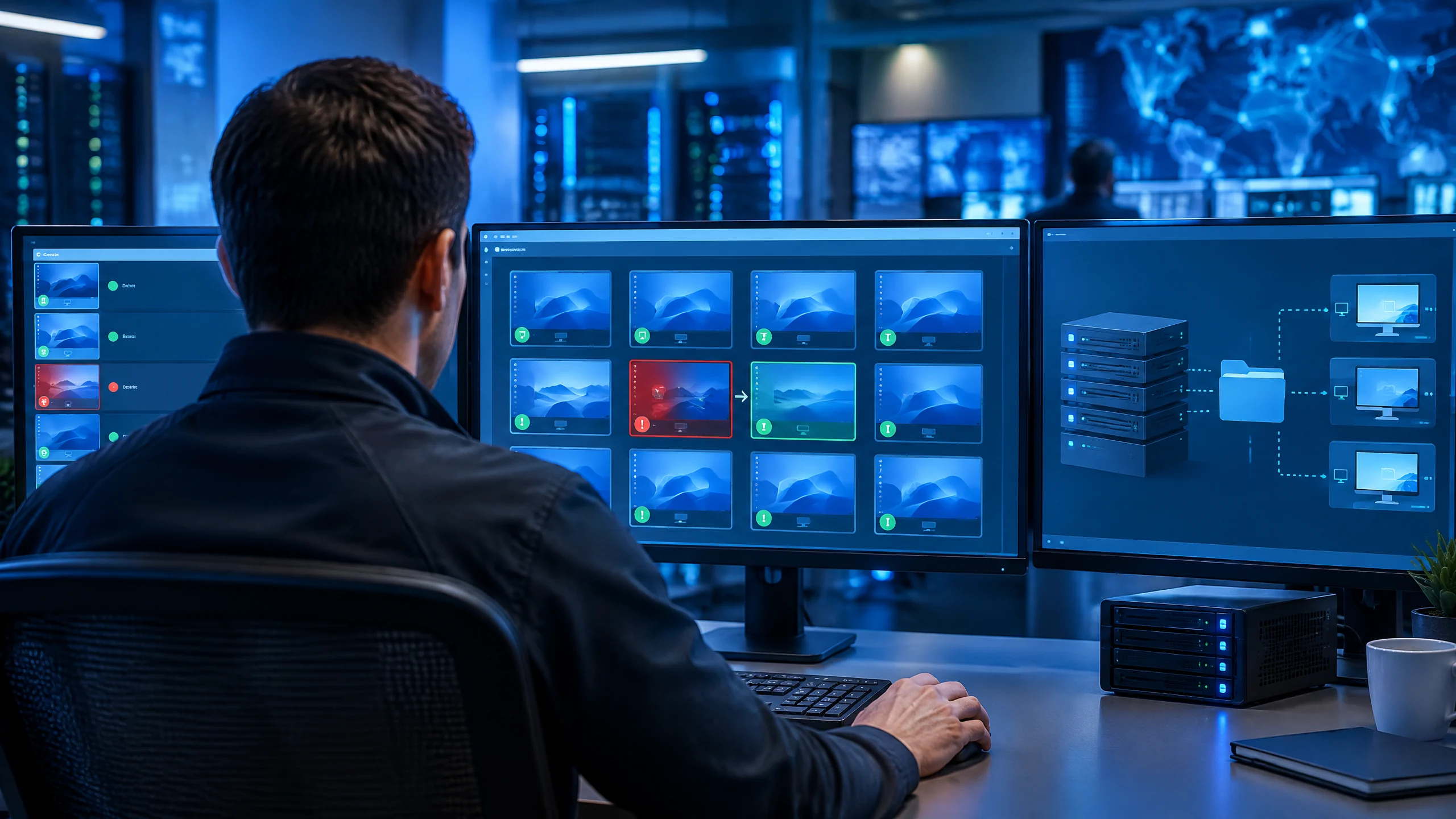 Original editorial illustration of an IT administrator viewing remote desktop sessions and a server-to-folder sharing diagram