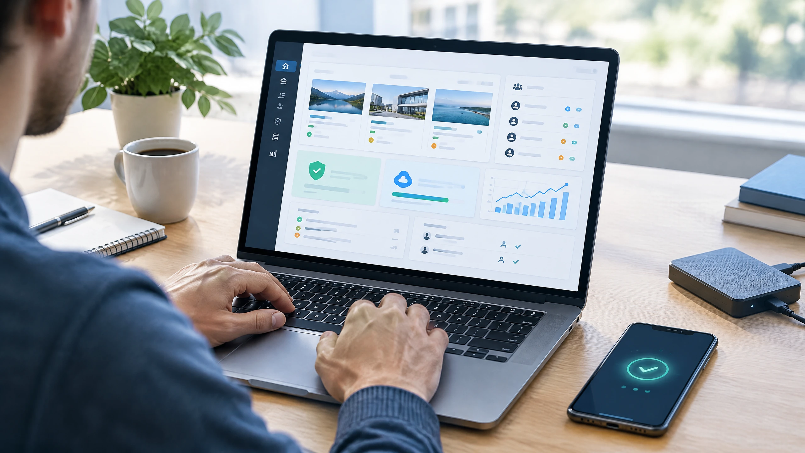 Editorial illustration of a website manager reviewing WordPress updates, account protection and backup status on a laptop