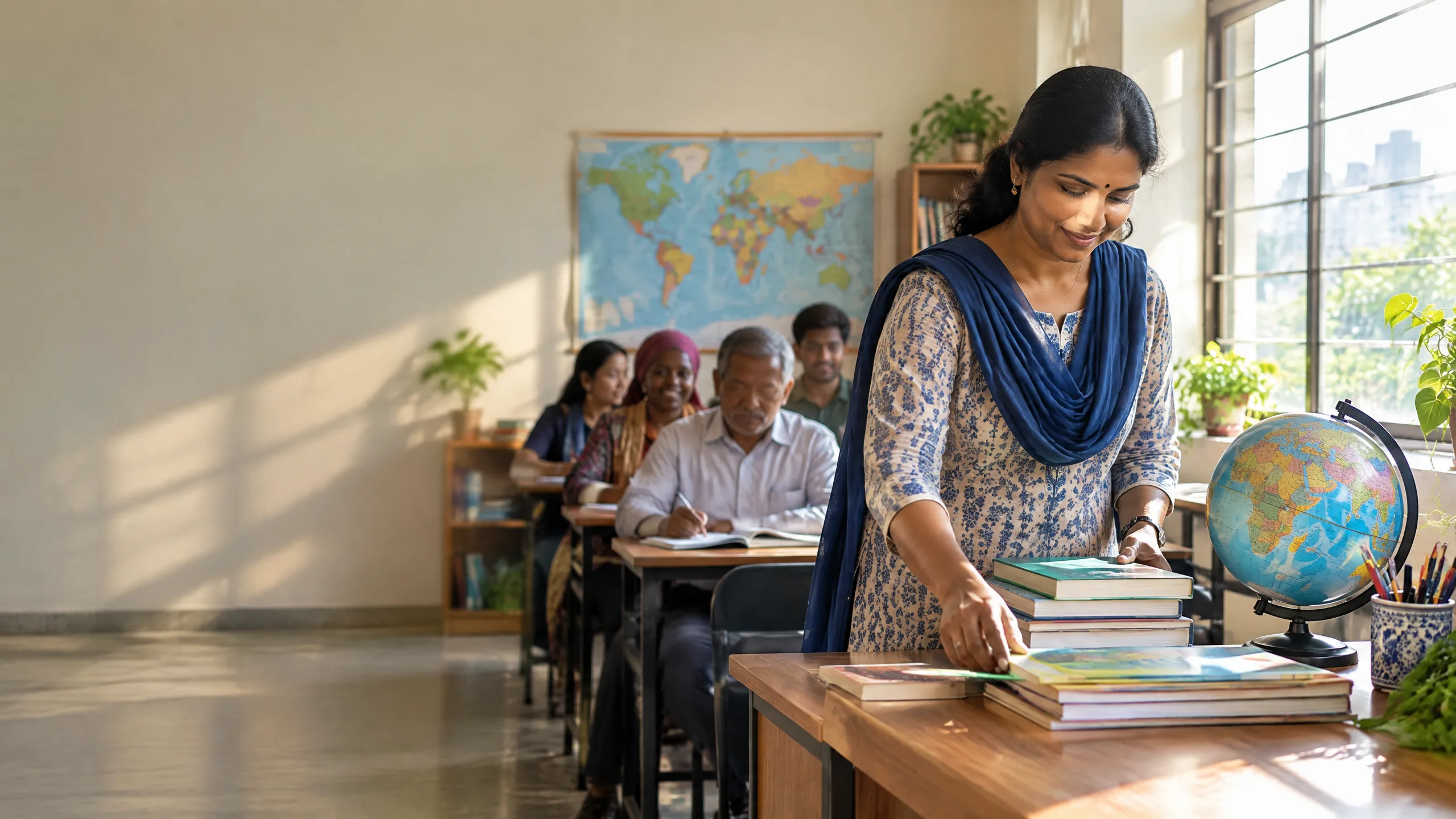 Teacher speaking with students in an Indian classroom ahead of World Teachers’ Day 2026