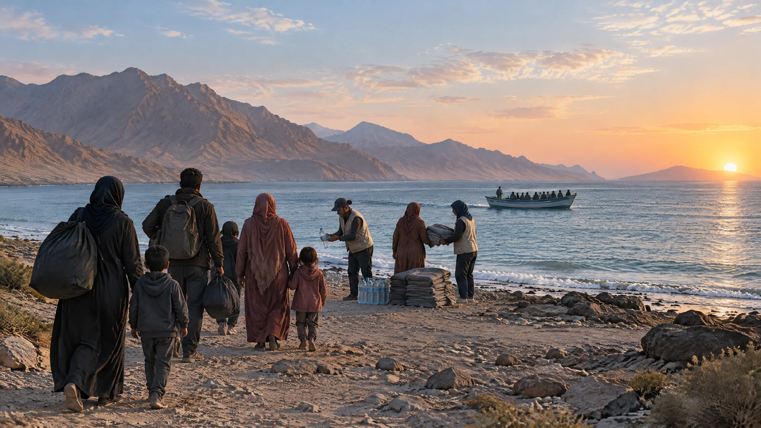 Original editorial illustration of displaced families reaching aid workers on a shoreline near Obock, Djibouti