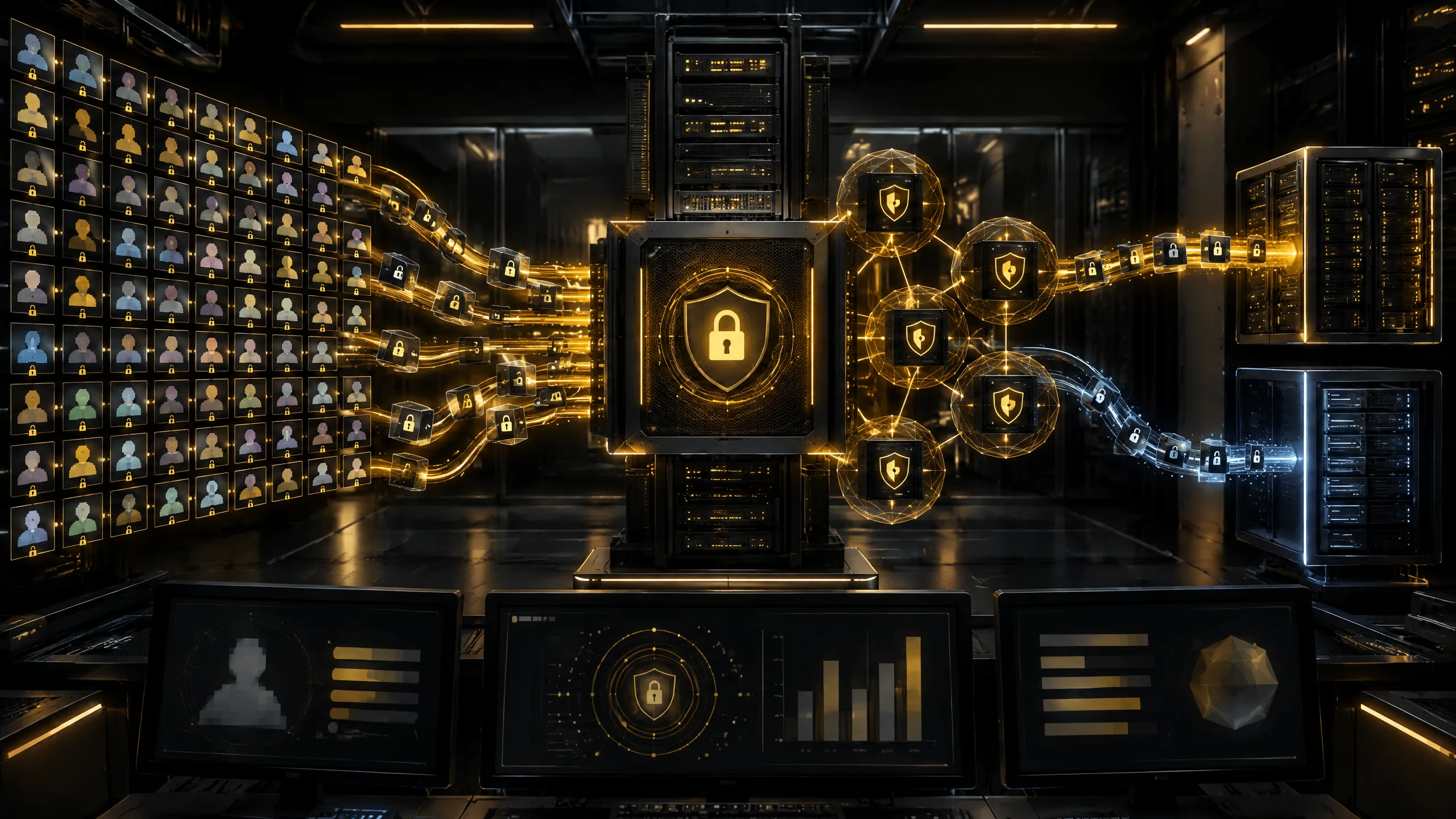 Realistic editorial visualization of a privacy-focused Zcash sealed-bid NFT auction with encrypted identity tiles